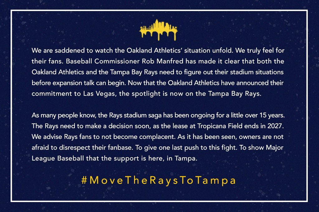 Members of the Tampa Bay Rays fanbase have issued the following joint statement: 

#MoveTheRaysToTampa
