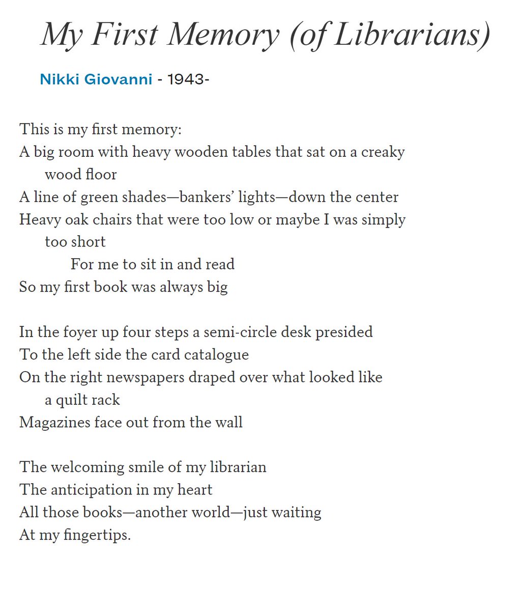 The great Nikki Giovanni on libraries! A wonderful read for #NationalPoetryMonth and #NationalLibraryWeek 
Read more at poetrs.org.