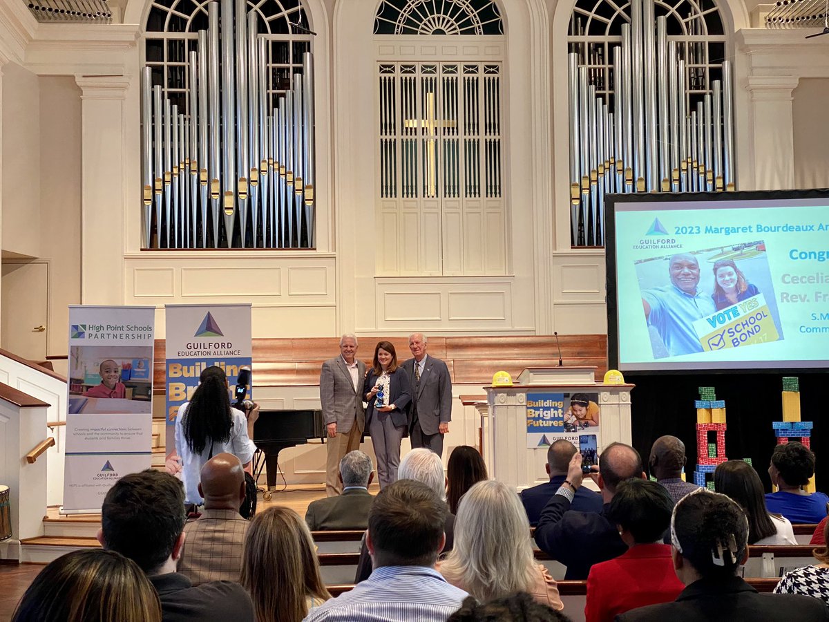 ChrisWilsonGSO's tweet photo. Incredibly proud of my wife &amp; community leader, Cecelia Thompson for her ongoing efforts to support the lives of others! Congratulations on being awarded the @GuilEducation Margaret Arbuckle Award for your leadership with the @GCSchoolsNC bond campaigns! #EDSummit2023 https://t.co/GjmVKsXrG5