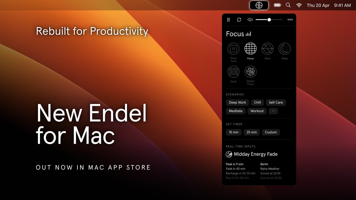 The all-new Endel for Mac experience is here! We've reimagined Endel for macOS to better fit your daily needs. Download now via Mac App Store: apps.apple.com/de/app/endel-f…
