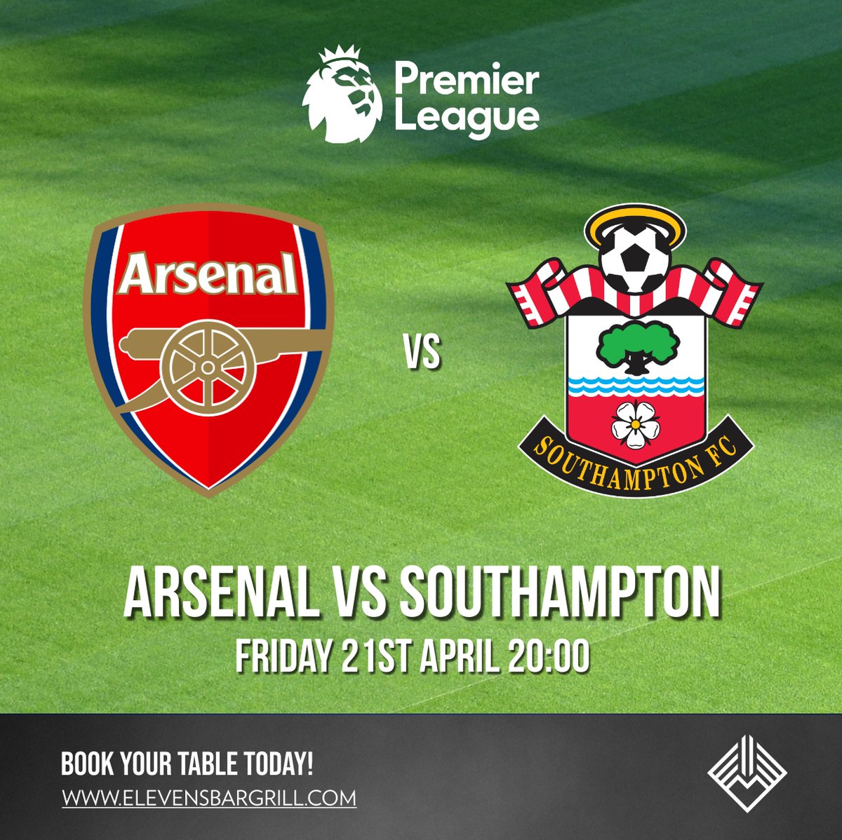 Can Arsenal extend a remarkable home record or will bottom side Southampton achieve a PL first? 👀 
Watch with us! KO Friday 21/04 @ 8pm 
Book your table today 👉 elevensbargrill.com/contact-us/