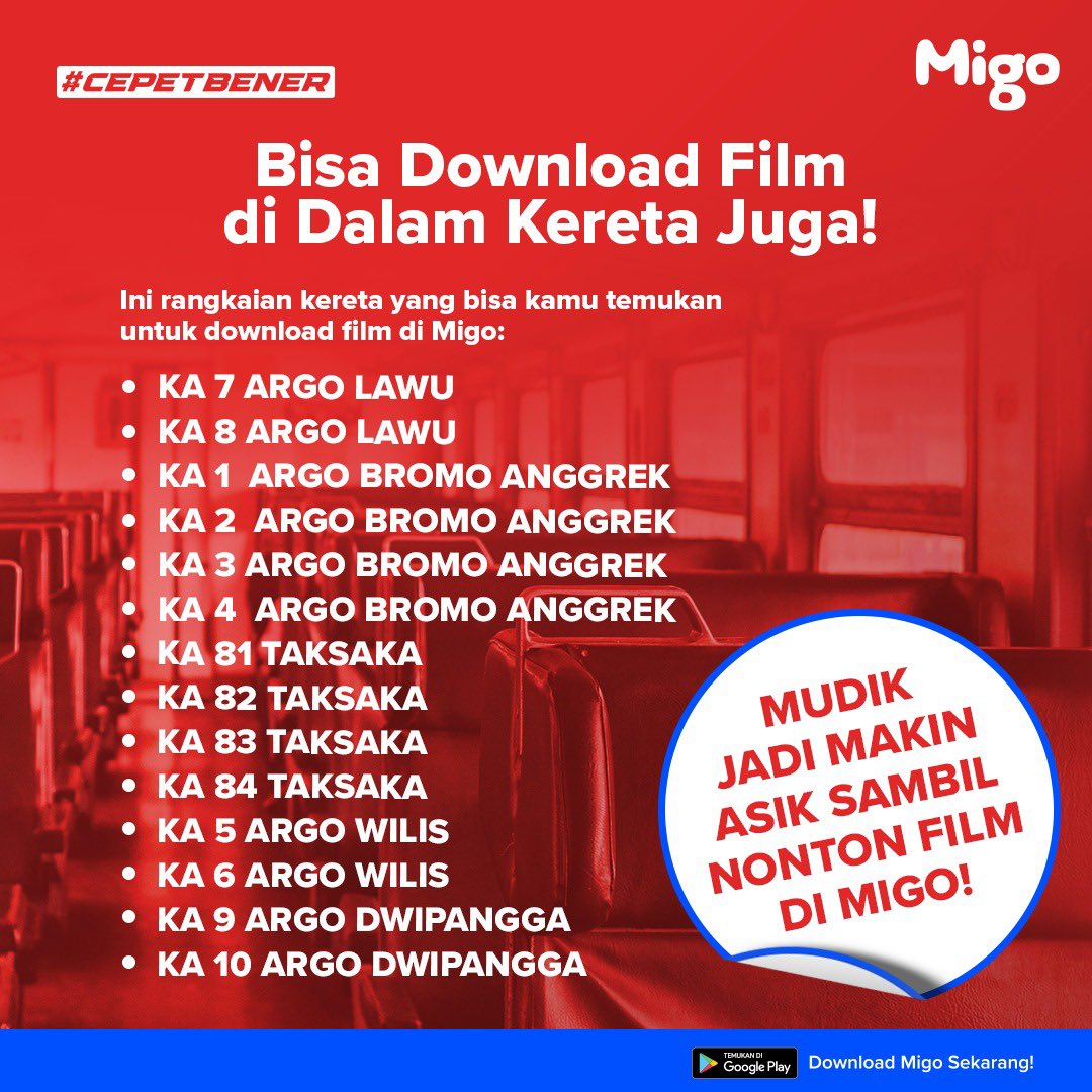 MigoIndonesia's tweet photo. ADA LAGI NIH YANG LEBIH BOMBASTIS!🔥

Kamu juga bisa download film langsung di dalam kereta. Dijamin selama perjalanan mudik kamu gak akan mati gaya.

Asik nonton konten hiburan terbaik gak perlu khawatir gak ada sinyal dan makan kuota internet!🤩

Yuk, cobain sekarang! @KAI121 https://t.co/1wHX87dUku