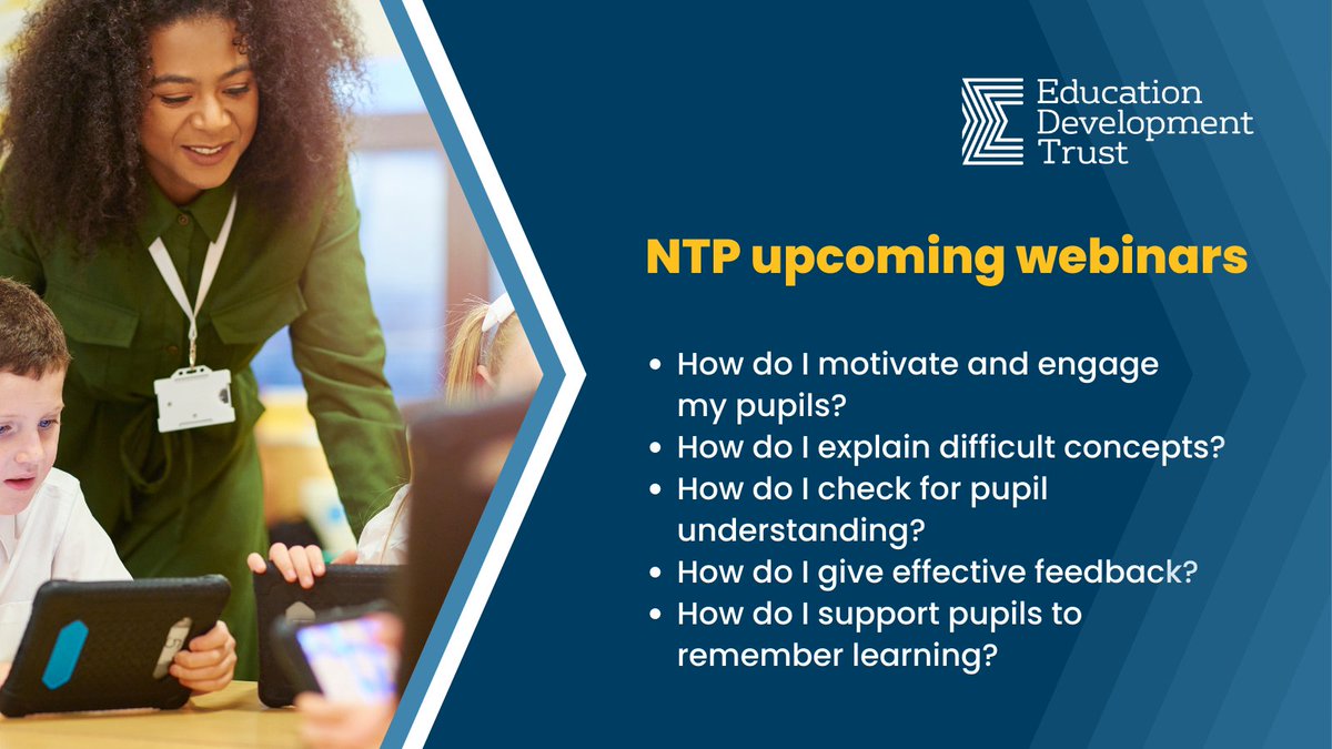 edtvoice's tweet image. As part of our #NationalTutoringProgramme (NTP) training provision, we’re delighted to offer a range of optional live seminars to support tutor’s continuous professional development. Tutors can register via the Tutor Development Portal.

Find out more: ow.ly/ni9W50NNVmL
