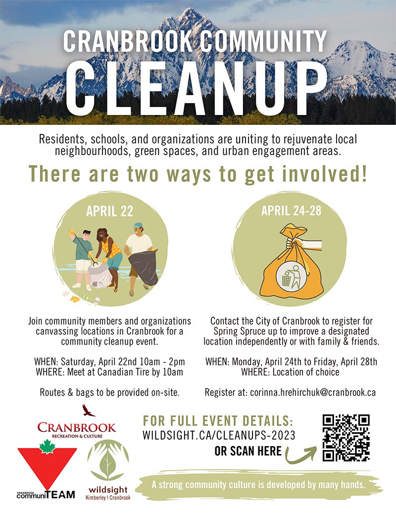cityofcranbrook's tweet photo. Our 2023 #Cranbrook Community Cleanup campaign runs April 22 to April 28 with a couple different ways to be involved. We’re asking residents and businesses to join in on our community clean-up & beautification campaign. Check out our poster for details. #wfpcranbrook @wildsight https://t.co/d8EZCQSIVn