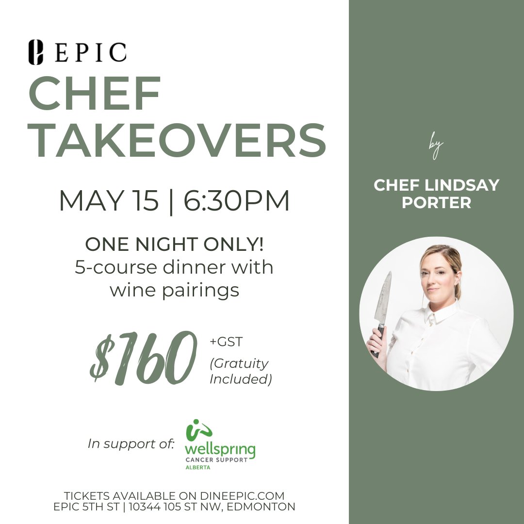 dine_epic's tweet photo. 🍽️ 5-courses crafted by Chef Lindsay Porter + 🍷 wine pairings + 🎁 donation to @WellspringAB = an amazing dinner you don't want to miss on May 15! 🙌

More information (including detailed menu) and tickets available at https://t.co/Bh1R5G5kcP

#yegevents #yegfood #yegdt https://t.co/zVuW41B5tM