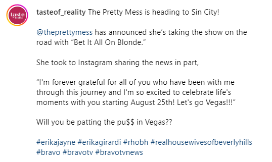 BrightlyAgain's tweet photo. tasteof_reality: The Pretty Mess is heading to Sin City!

#theprettymess has announced she’s taking the show on the road with “Bet It All On Blonde.”
#RHOBH🚮

https://t.co/EkizBpRir8 https://t.co/qSiqxPHE7N
