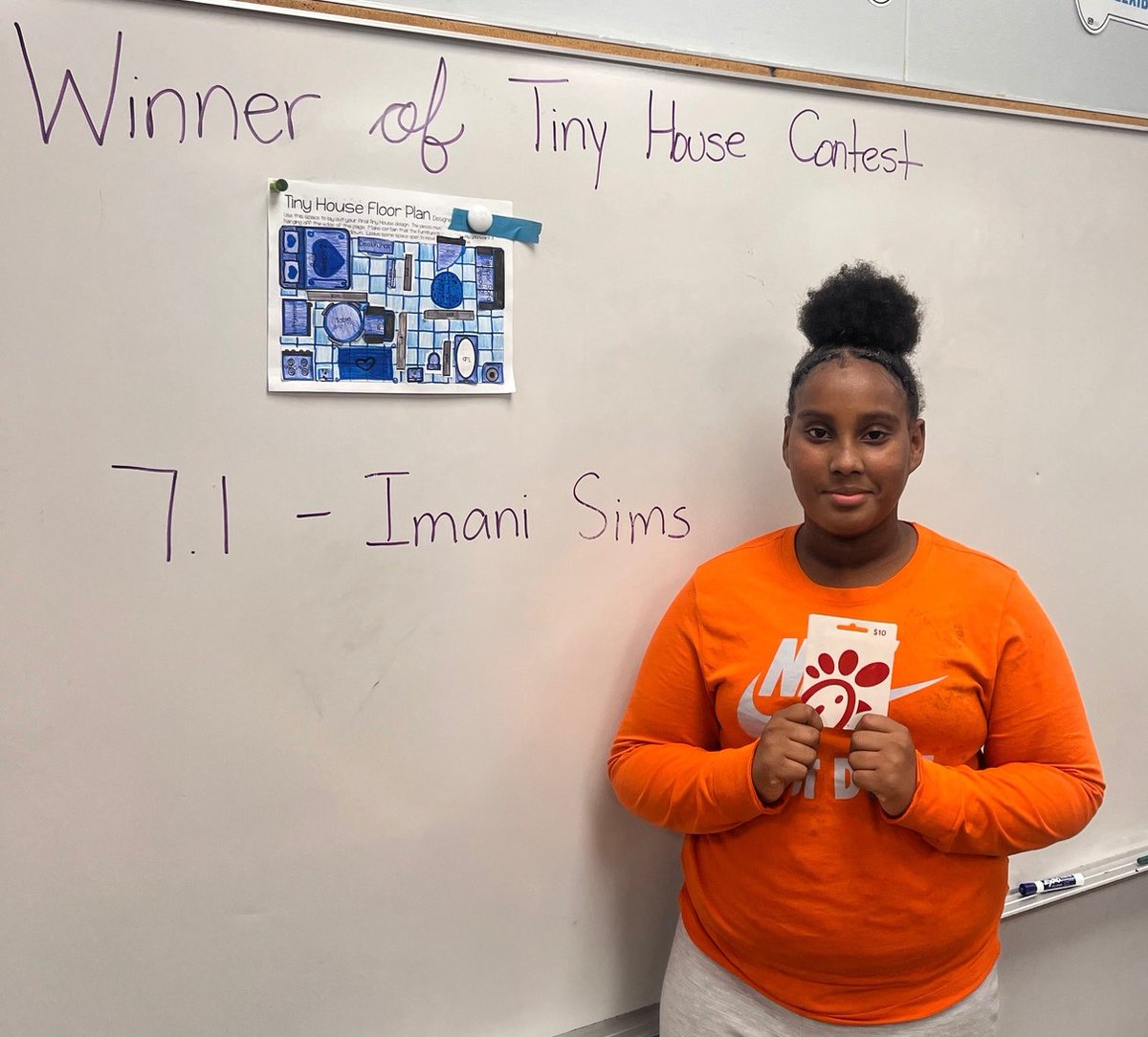 CrutchoS's tweet image. Congratulations Imani Sims for winning the Crutcho Middle School Tiny House Design contest! Students had to design the tiny house with a $2,000 budget. Amazing! Keep up the good work and enjoy that chick-Fil-A gift card! #middleschool #tinyhomedesign #crutchoschools #oklaed