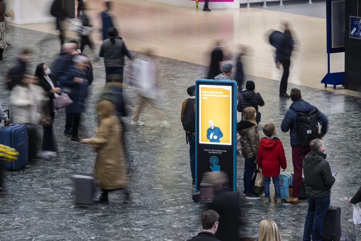lbfostercorp's tweet photo. Our Inform Totems, equipped with live-journey information displayed in British Sign Language, made their debut at Leeds Railway Station in West Yorkshire, England. Learn how we make train travel more accessible. 
https://t.co/dY1VgRYHLH
#railways #BSL #solutions #accessibility https://t.co/ZCLcZFHfvv