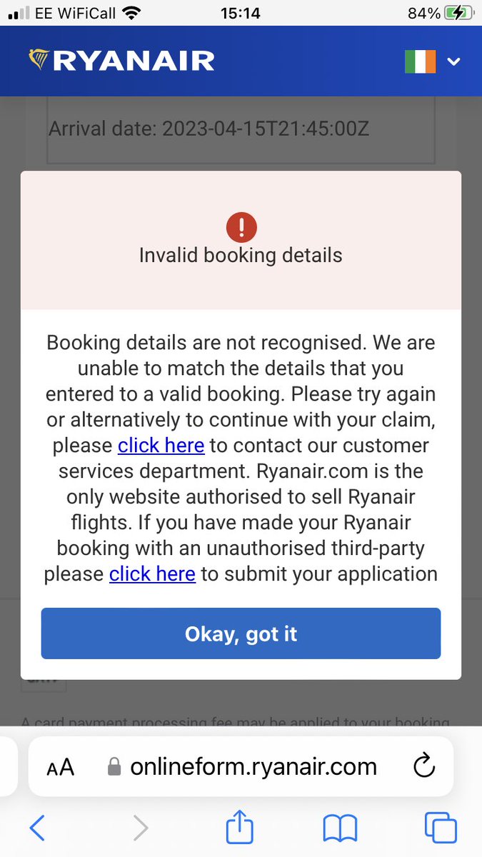 Ninnynoonar's tweet photo. @Ryanair @askryanair @SimonCalder @BritishAviation #bbcwatchdog I’ve been told by your CS team that I’m entitled to #EU261 compensation. Unfortunately your online EU261 claim form doesn’t work, despite the correct info being provided #ryanair  #eu261 #Manchesterairport https://t.co/Sy0wpCAYPA