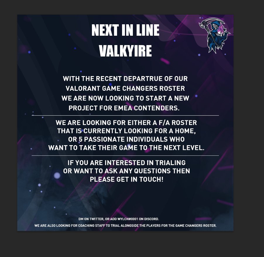 [#Valorant]

A new project awaits! 

See below! 
 - All Roles ( Priority for IGL's )
 - Immo+ Peak
 - EMEA based ( Pref Polaris / Dach regions )
 - Valid Passport &amp; Able to travel
 - Long Term Project
 - Fluent 🇬🇧 

#YoureNext