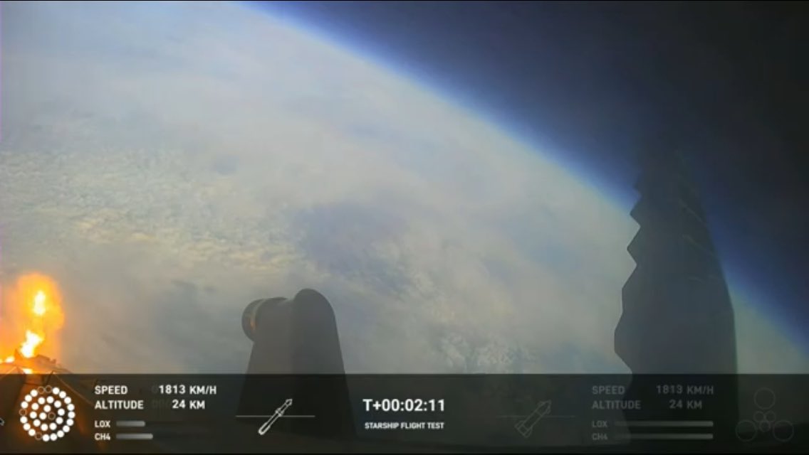 JasonHMacDonald's tweet photo. Hey flatearthers, I see curvature of the earth, like a globe. What do you see? Probably a bogus explanation like the lens is the issue or it is CGI or something like that. This is a still shot from the SpaceX launch, from an onboard camera on the Starship. #EarthIsRound https://t.co/qJXz6brxx2