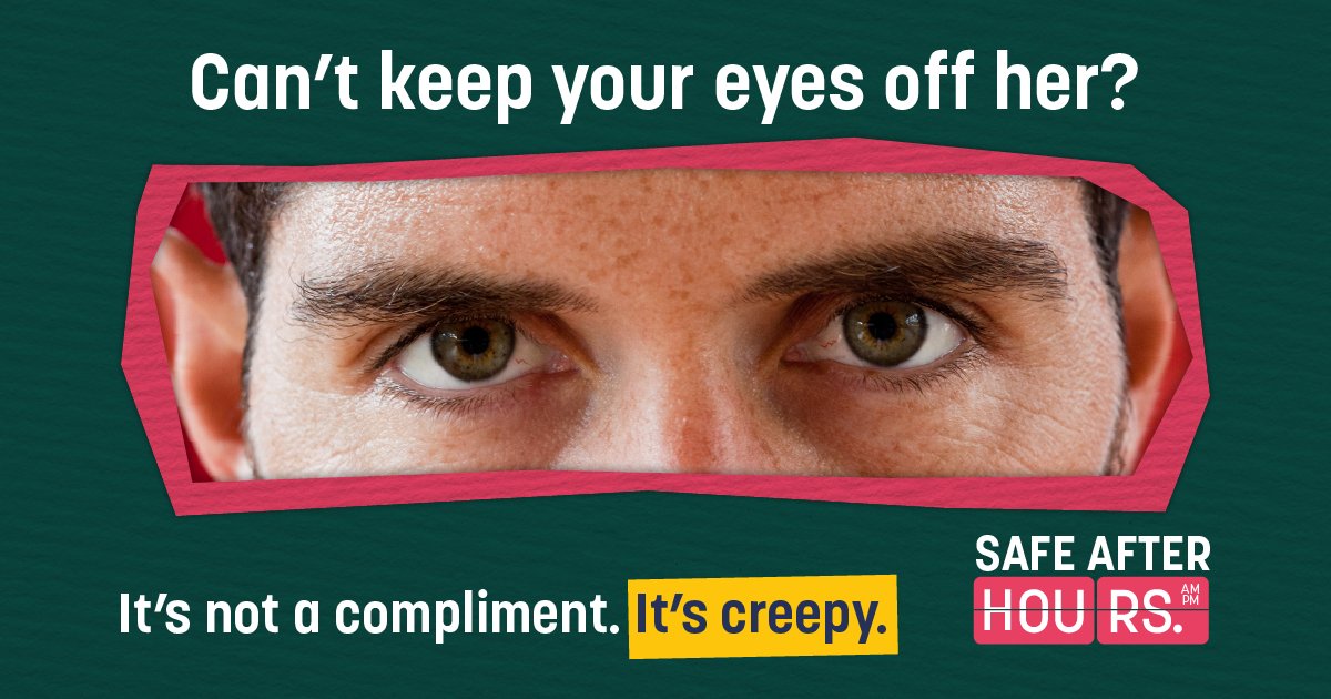 KnowViolenceAW's tweet photo. Can’t keep your eyes off her?  
It’s not a compliment. It’s creepy.  
 
Don’t be the reason she feels threatened – if she’s not interested, walk away. 
 
To learn more about the behaviours that can make women and girls feel unsafe, visit our website: https://t.co/n9nvn03hkN https://t.co/svNd9B47fG