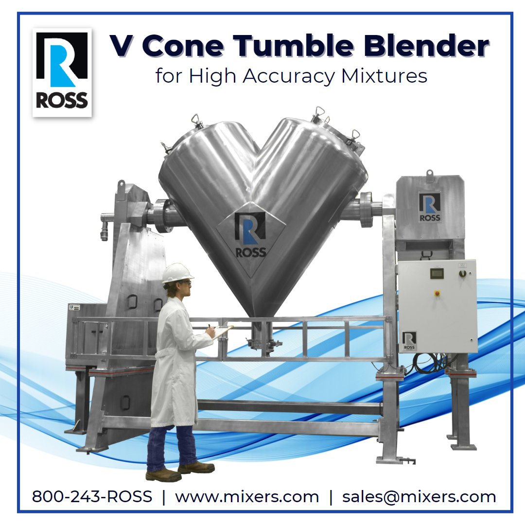 Learn more about the V Cone Tumble Blender in our April 2023 news release on our website. Click now! mixers.com/company/news/r…

#ROSSMixers #ROSSVBlenders #PrecisionMixing #ProcessIndustries #PowderMixing #SanitaryConnections #IndustrialMixers