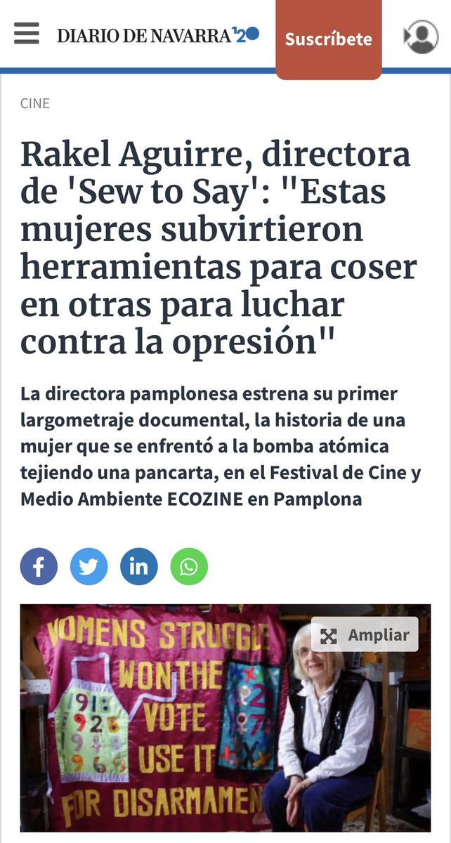 Entrevista a la directora Rakel Aguirre por <a href="/ionstegmeier/">Ion Stegmeier</a> para el <a href="/DiariodeNavarra/">Diario de Navarra</a> sobre su película <a href="/SewToSayFilm/">Sew to Say Film</a> 

Interview to director Rakel Aguirre by <a href="/ionstegmeier/">Ion Stegmeier</a> for ‘Diario de Navarra’ newspaper on her film <a href="/SewToSayFilm/">Sew to Say Film</a>.

🔗 diariodenavarra.es/noticias/cultu…