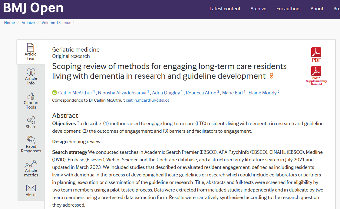 Caitlin McArthur 🇨🇦 (@mcarthurcaitlin) on Twitter photo Hot off the press! New publication of a scoping review of the methods for including #LTC residents with #dementia as patient partners in research: bmjopen.bmj.com/content/13/4/e…
Thanks to fabulous co-authors: <a href="/rebecca_affoo/">Rebecca Affoo, PhD</a> <a href="/elainemmoody/">Elaine Moody PhD RN</a> <a href="/MarieEarlDalPT/">Marie Earl</a> <a href="/adriaquigley/">Adria Quigley</a> <a href="/Niousha_alz/">Niousha Alizadeh</a> Hot off the press! New publication of a scoping review of the methods for including #LTC residents with #dementia as patient partners in research: bmjopen.bmj.com/content/13/4/e…
Thanks to fabulous co-authors: <a href="/rebecca_affoo/">Rebecca Affoo, PhD</a> <a href="/elainemmoody/">Elaine Moody PhD RN</a> <a href="/MarieEarlDalPT/">Marie Earl</a> <a href="/adriaquigley/">Adria Quigley</a> <a href="/Niousha_alz/">Niousha Alizadeh</a>