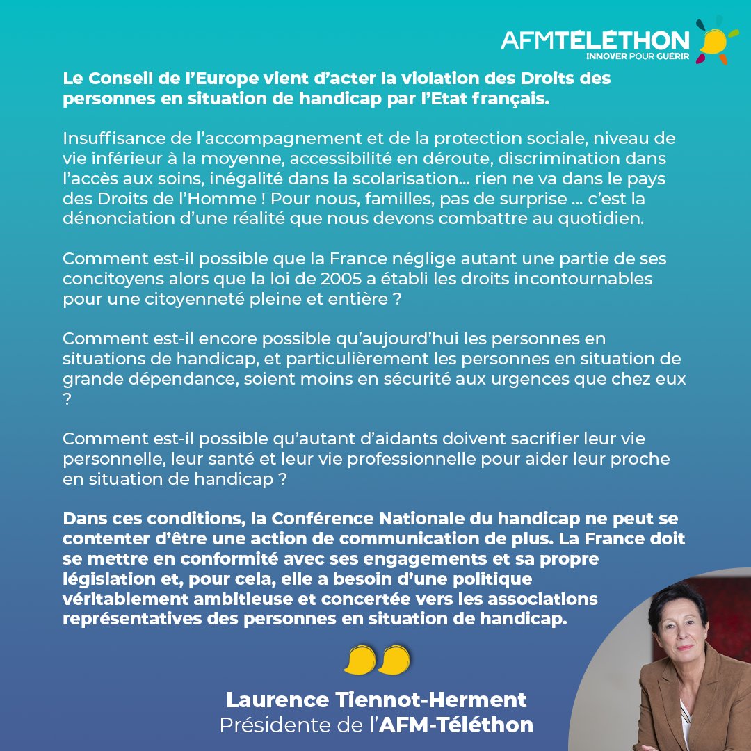 Droits des personnes en situation de #handicap en France : le Conseil de l’Europe dénonce la situation française !

La réaction de notre présidente <a href="/LTiennotHerment/">Laurence Tiennot-Herment</a> 👉 bit.ly/3Lg5aWm

#PasSiDouceFrance <a href="/CHandicaps/">Collectif Handicaps</a> <a href="/apfhandicap/">APF France handicap</a> <a href="/Unapei_infos/">Unapei</a> <a href="/Unafam/">Unafam</a> <a href="/FNATH/">FNATH</a> <a href="/gdarrieussecq/">Geneviève Darrieussecq</a>