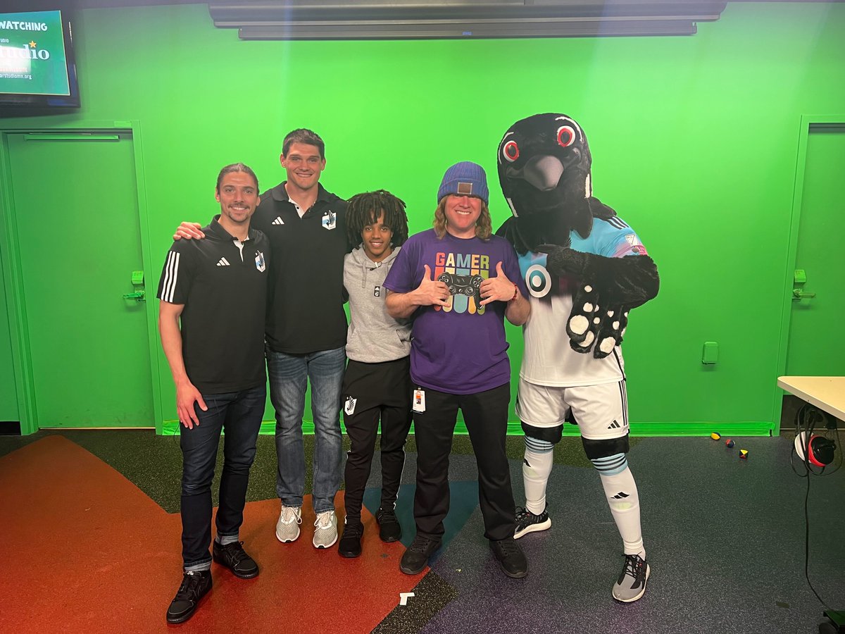 childrensmn's tweet photo. Score!⚽️ @MNUFC players and @PK_MNUFC brought games and fun to our patients and families. @ZarekValentin, @DaBrickWall00, @cleathermanjr and PK produced a special broadcast with @StarStudioMN! We are so grateful for visits like this that brighten the days of our patients.💙 https://t.co/wcGSAN0ALc