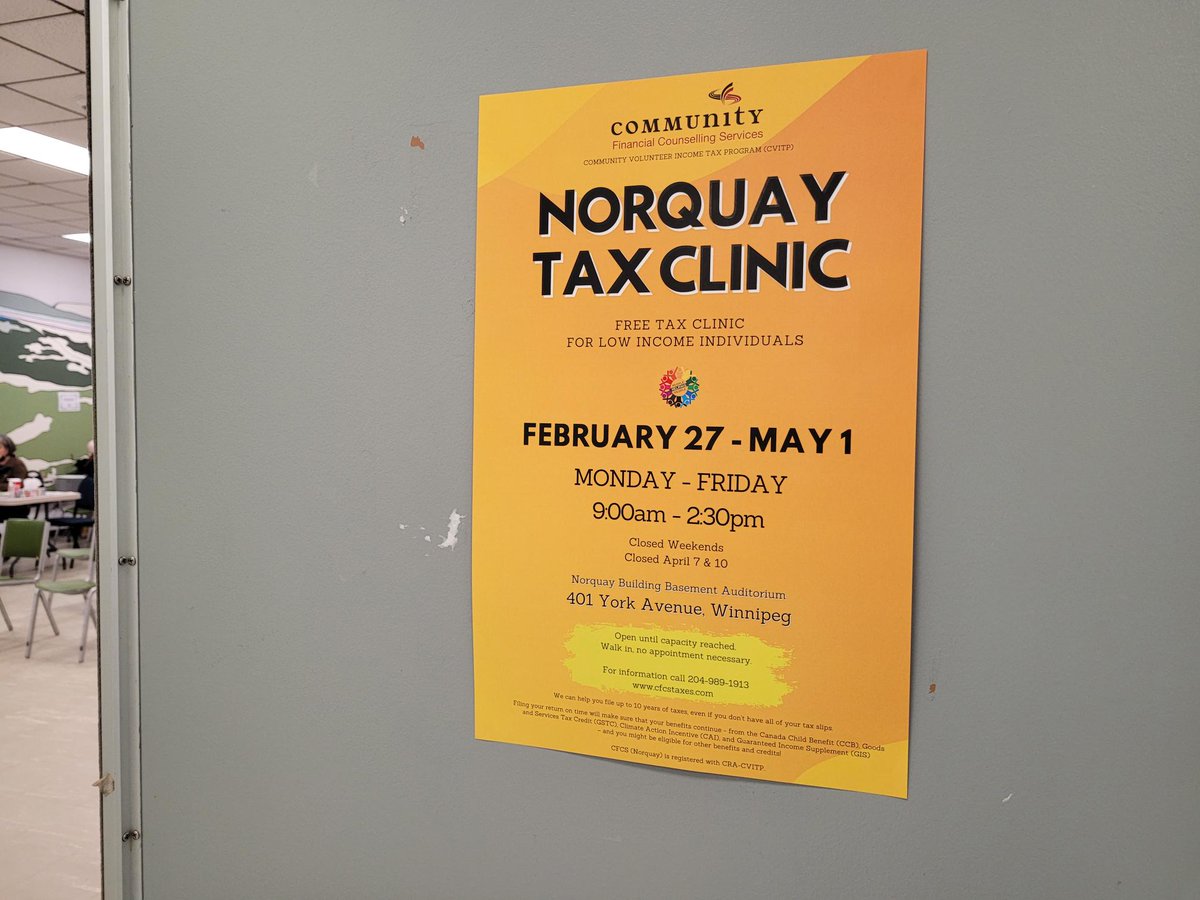 The Norquay CVITP tax clinic is open until May 1st from 9am-2:30pm, Monday to Friday. 401 York Ave in the basement auditorium. We can help file your taxes and access benefits. First come, first served for low-income individuals with simple tax situations!
