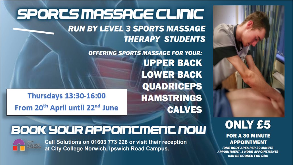 SportCCN's tweet photo. A successful 1st Open Clinic at @norwichcollege this afternoon. One client said they felt 'rejuvenated'  after their massage. 
Come and see how a Sports Massage can make you feel! https://t.co/bHu9nqjIXP