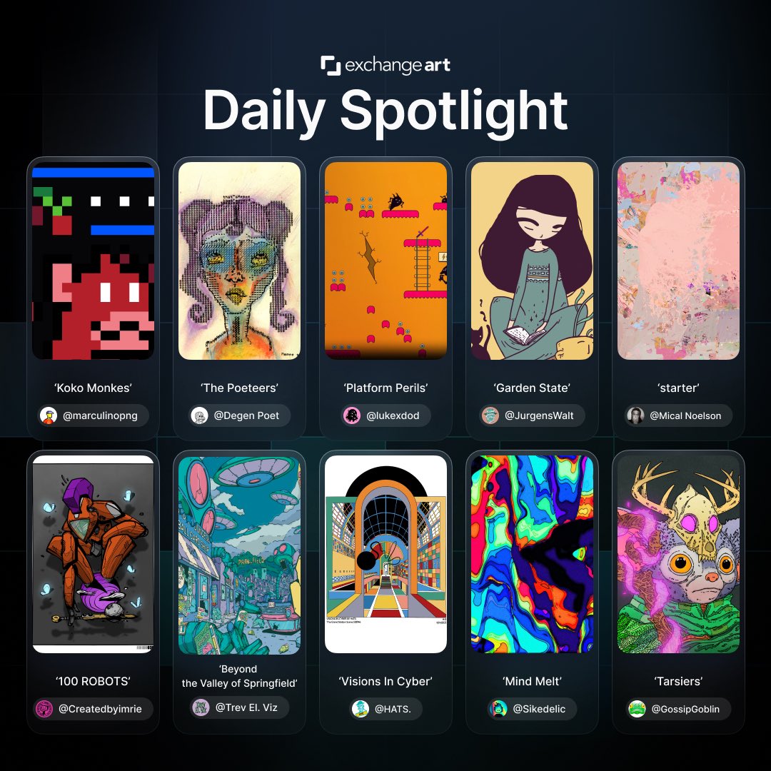 Exchange Art (@exchgart) on Twitter photo Need some art to spice up your collection? We got you covered with this Daily Spotlight!
Go check em out!
PS: Sorry <a href="/Gossip_Goblin/">Gossip Goblin</a>, <a href="/belikehats/">HATS</a>, <a href="/micalnoelson/">Mical Noelson</a> we couldn't tag you! Need some art to spice up your collection? We got you covered with this Daily Spotlight!
Go check em out!
PS: Sorry <a href="/Gossip_Goblin/">Gossip Goblin</a>, <a href="/belikehats/">HATS</a>, <a href="/micalnoelson/">Mical Noelson</a> we couldn't tag you!