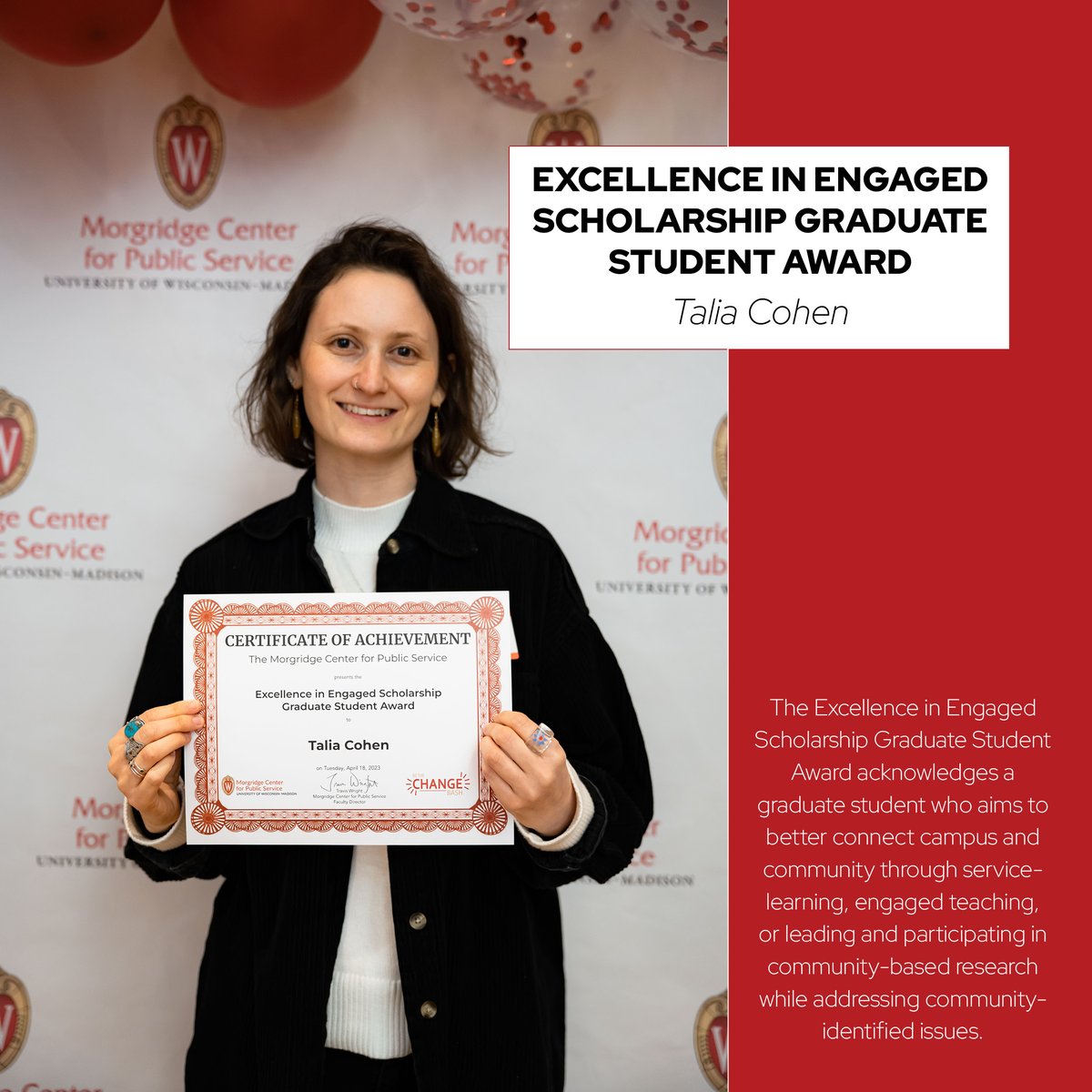 The Excellence in Engaged Scholarship Graduate Student Award acknowledges a graduate student who aims to better connect campus and community through service-learning, engaged teaching, or leading and participating in community-based research.