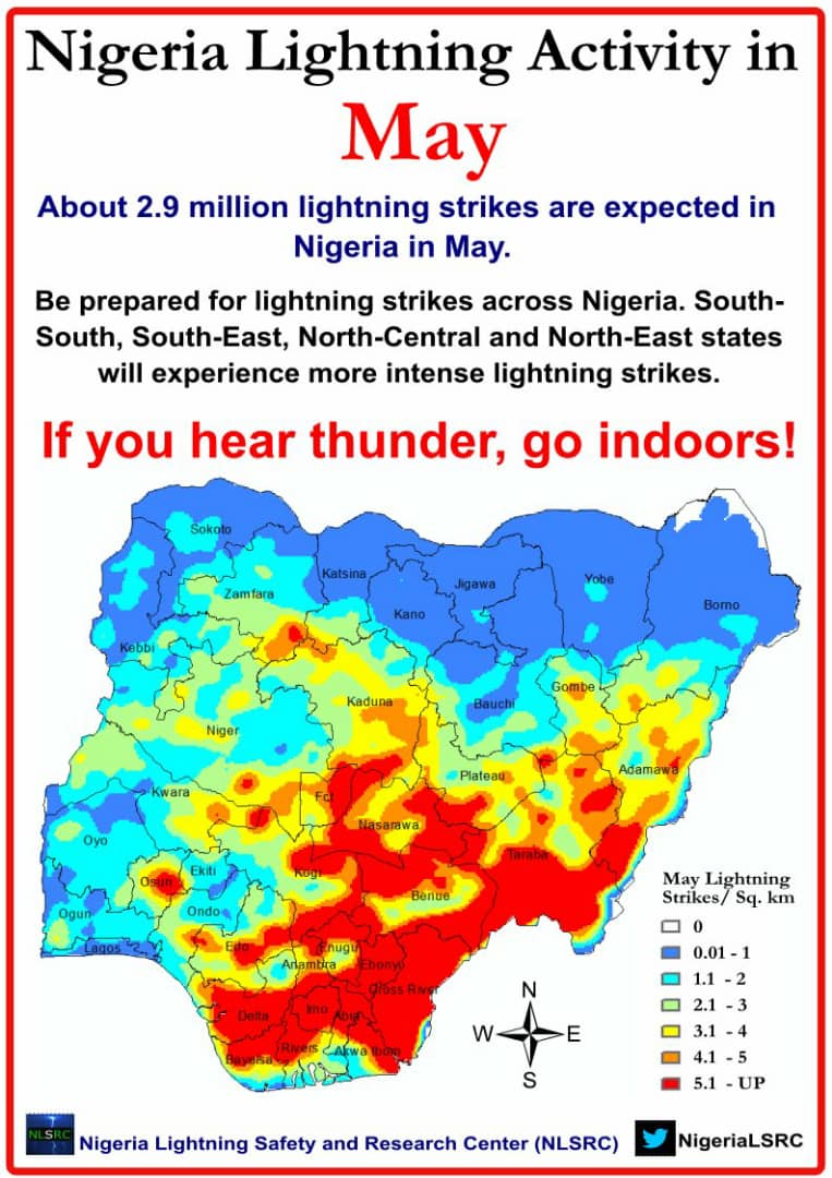 The_Dattijo's tweet photo. Warning! ⚠️Thunderstorms are expected to spread across Nigeria throughout May. The RED states are at higher risk of severe lightning strikes &amp; flooding. Prepare for possible fatalities &amp; fire outbreaks🔥. 
Stay informed &amp; stay safe.
#Nigeria #Nigerians #LightningSafetyNG https://t.co/YgTzpUcGLC