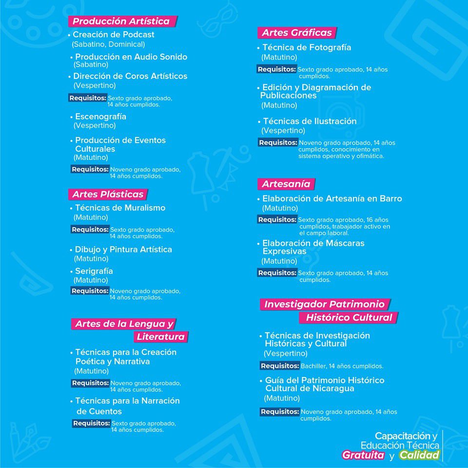 📣¡Matrículas Disponibles! Esta es la oferta disponible en "Arte y Cultura", del nuevo Centro Cultural y Politécnico "José Coronel Urtecho", ¡No Volverá el Pasado!. 
. 
📌Km 4.5 Carretera Norte, Managua.