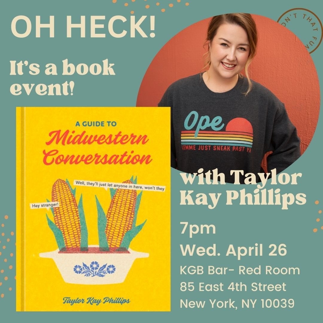 TayKayPhillips's tweet photo. Hey New York! Come hang out with me next Wednesday at 7pm at KGB Bar.
It'll be a party!
DO bring your Midwestern friends.
DON'T bring a casserole cause there won't be room. Seriously don't! I appreciate the gesture! But DO NOT. 
DO RSVP here:
https://t.co/UVQaRoCdGS
I can't wait! https://t.co/xePYEF3h07