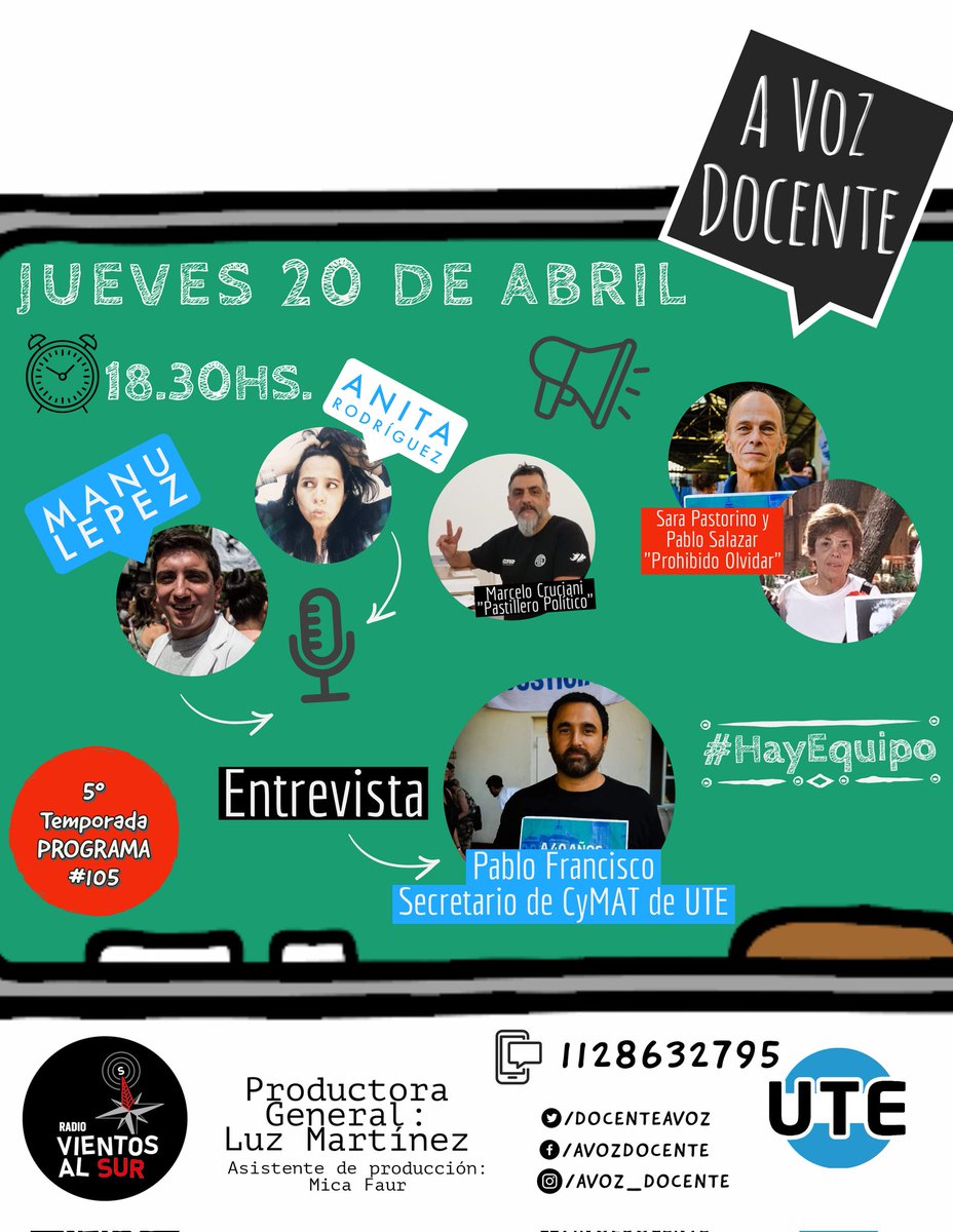 DocenteAvoz's tweet photo. 🎙️#Hoy! Desde las 18.30hs nos volvemos a encontrar por @VientosAlSur , la #radio de @utectera 📻✌🏽

#Temporada2023
#QuintaTemporada
#UTE #Educación
#AVZ105 #CyMAT #infraestrutura #CondicionesLaborales #ProhibidoOlvidar #DerechosHumanos #RadioEnVivo 
#comunicaciónpopular https://t.co/of6fATj6Ro