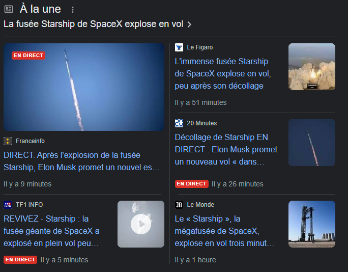 RemyLoneux's tweet photo. La médiatisation du crash du Starship de SpaceX est à l'image de la mentalité de merde des gens négatifs...

Ils ont réussi à:
- disrupter un marché en réalisant l'impossible
- faire atterrir un lanceur
- le réutiliser
- réduire les coûts du fret aérospatial par 100
- se débarrasser de l'influence russe sur les programmes spatiaux...

Et les médias retiennent uniquement le crash... Uniquement pour faire de l'audience et du clic.

Moi je vois une étape de plus vers le voyage sur Mars ! ça ne peut que améliorer la fiabilité !

Donc bravo à SpaceX et ses équipes !!!

#StarshipLaunch #SpaceX #ElonMusk #Lune