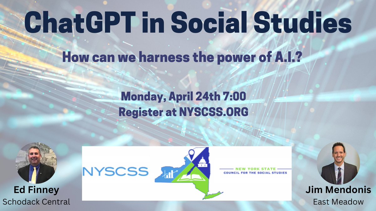 Today is the last day to register for Monday's A.I. webinar. Looking for an innovative and engaging way to connect with your social studies students? Join us on 4/24. @jim_mendonis @NYSCSS @TechNCSS