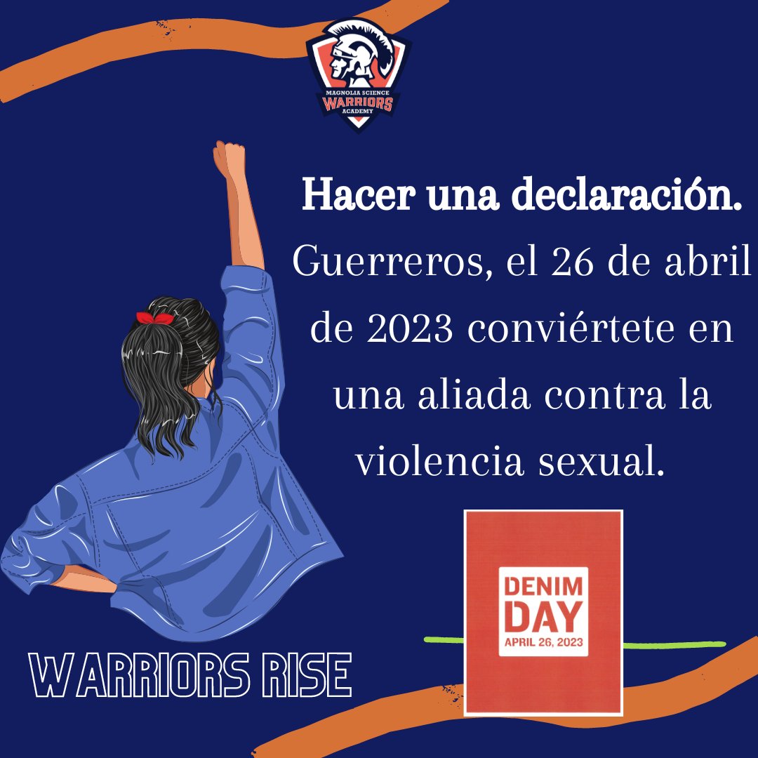 msa1reseda's tweet photo. Warriors, on April 26th 2023 we will be proudly participating in Denim Day. In cooperation with @peaceovrviolnce our students, staff, parents and community will/may wear jeans with a uniform top to support and stand in solidarity on this crucial day. https://t.co/EgrnlRQGGE