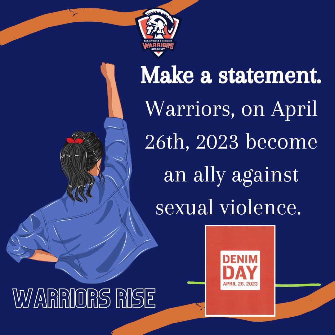 msa1reseda's tweet photo. Warriors, on April 26th 2023 we will be proudly participating in Denim Day. In cooperation with @peaceovrviolnce our students, staff, parents and community will/may wear jeans with a uniform top to support and stand in solidarity on this crucial day. https://t.co/EgrnlRQGGE