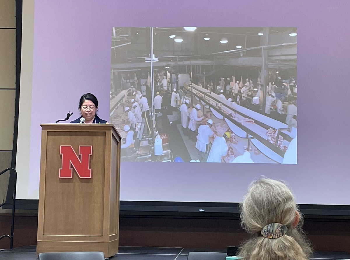athenakramos's tweet photo. Starting the morning with Rose Godinez’s keynote “Through the eyes of a #meatpacker’s daughter” at #GreatPlains2023 @UNLGreatPlains #safety #immigration @ACLUofNE https://t.co/KiJI0j5CLK