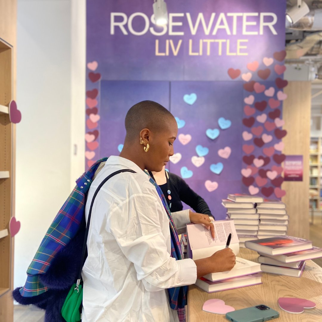 Foyles's tweet image. Happy publication day to Liv Little whose utterly compelling and authentic debut novel #Rosewater @dialoguebooks is out today! 

Pop into Charing Cross Road to pick up a signed copy &amp;amp; free tote (while stock lasts!) – and add a heart to our Wall of Love while you're at it 💜