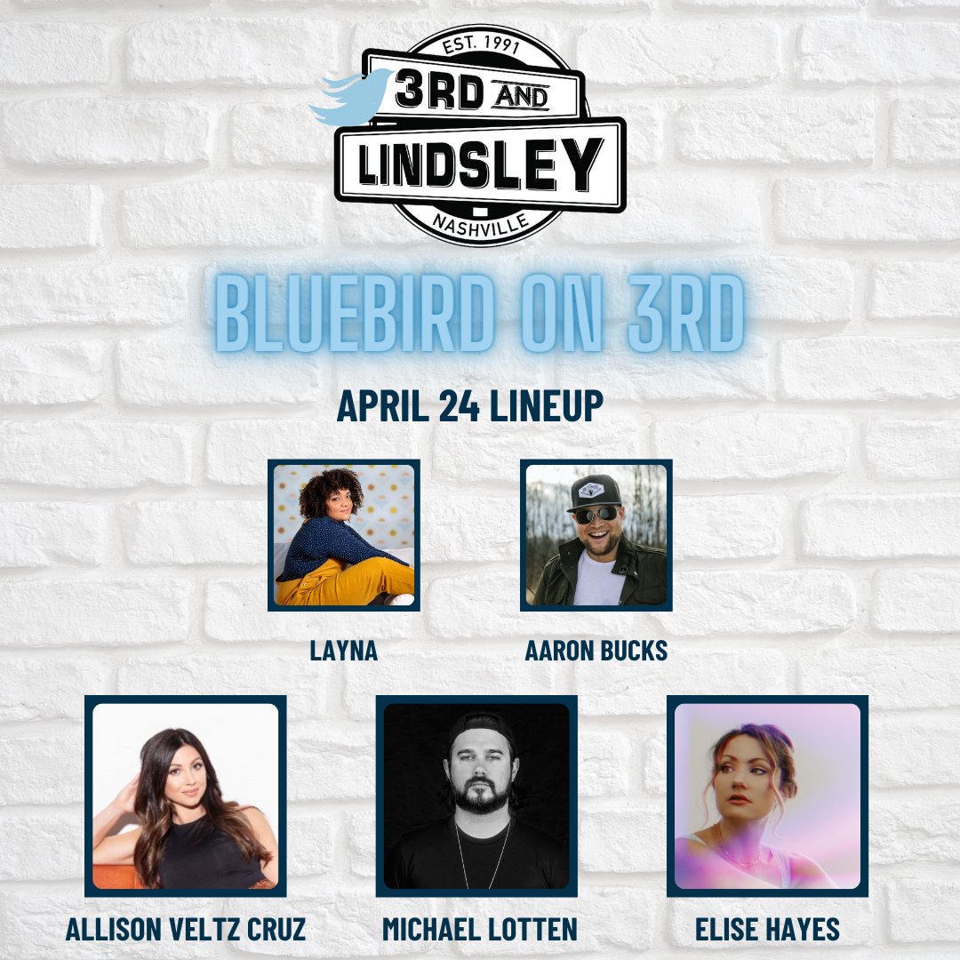 Our last #Bluebirdon3rd show in our spring series <a href="/3rdandLindsley/">3rd and Lindsley</a> is this coming Monday, April 24 at 12:30 PM. Come join us for some lunch, good times, and amazing songwriter music!

Purchase your ticket: ticketweb.com/event/bluebird…