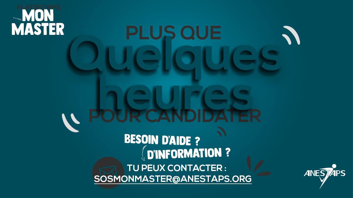 [#MonMaster 📁] 

Plus que quelques heures pour candidater sur la plateforme #MonMaster ❕

➡️ Des questions ou besoin d’informations, l’ANESTAPS vous accompagne sur sosmonmaster@anestaps.org 📨