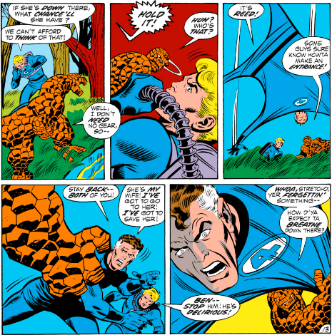 MarvelADay's tweet photo. #MarvelADay #FF125 As Johnny and Ben arrive at the lake, a deranged Reed also shows up. He's planning on rescuing Sue himself and will brook no argument. - VA https://t.co/0X1FzX0aFE