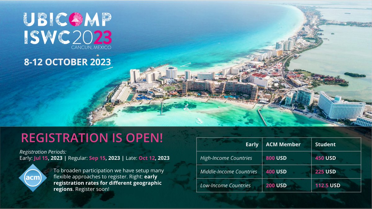 UbiComp (@ubicomp) on Twitter photo 🚨🚨🚨 Accepting registrations for #UbiComp2023 #ISWC2023 !
Introducing a variety of registration prices. We want everyone to be able to access the knowledge in our community: ubicomp.org/ubicomp-iswc-2…
Early deadline: 7/15/23
Please RT!
🌏🌍🌎
<a href="/sigchi/">ACM SIGCHI</a> <a href="/ACMMobileHCI/">MobileHCI 2025</a> <a href="/ACMMobiSys/">ACM MobiSys</a> 🚨🚨🚨 Accepting registrations for #UbiComp2023 #ISWC2023 !
Introducing a variety of registration prices. We want everyone to be able to access the knowledge in our community: ubicomp.org/ubicomp-iswc-2…
Early deadline: 7/15/23
Please RT!
🌏🌍🌎
<a href="/sigchi/">ACM SIGCHI</a> <a href="/ACMMobileHCI/">MobileHCI 2025</a> <a href="/ACMMobiSys/">ACM MobiSys</a>