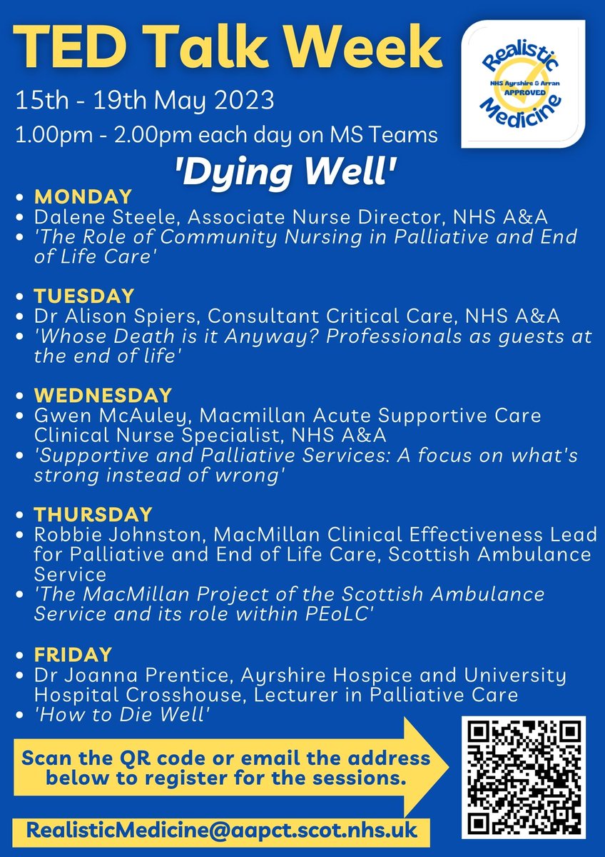 @NHSAARealisticMedicine (@nhsaarealistic1) on Twitter photo š¢Calling all <a href="/NHSaaa/">NHS Ayrshire & Arran</a> staff! Do you work in palliative and end of life care? Yes? Then this is for you!
Join us for a week of online talks on all things PEoLC, with our fantastic guest speakers. Get in touch now to book your place. #PalliativeCare #realisticmedicine <a href="/DrSLAnderson/">Dr Stacey Anderson</a> š¢Calling all <a href="/NHSaaa/">NHS Ayrshire & Arran</a> staff! Do you work in palliative and end of life care? Yes? Then this is for you!
Join us for a week of online talks on all things PEoLC, with our fantastic guest speakers. Get in touch now to book your place. #PalliativeCare #realisticmedicine <a href="/DrSLAnderson/">Dr Stacey Anderson</a>