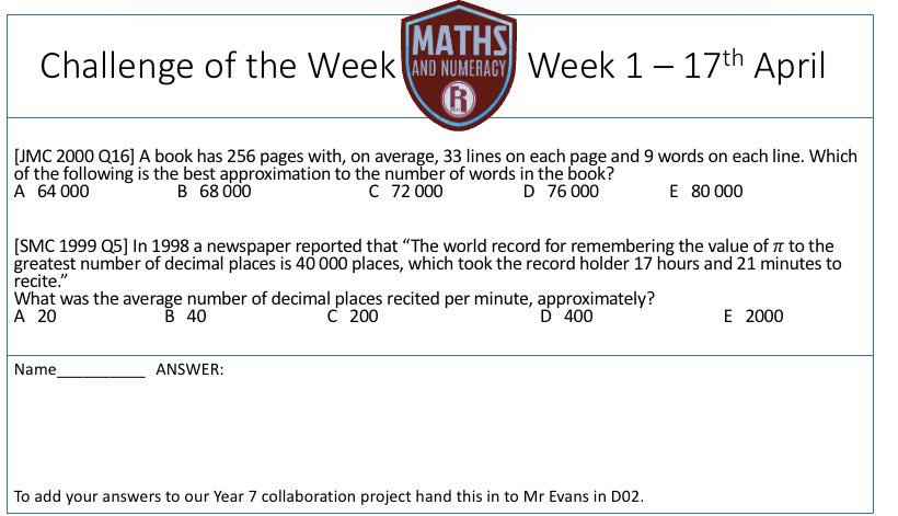 Radyr_Maths's tweet photo. 📣Y7 Challenge of the Week 📣  We are excited to launch our challenge of the week for Y7, this will form part of the USA collaboration project.
Please hand completed answers to the maths faculty! 🔜 https://t.co/VX8ZYN4pcn