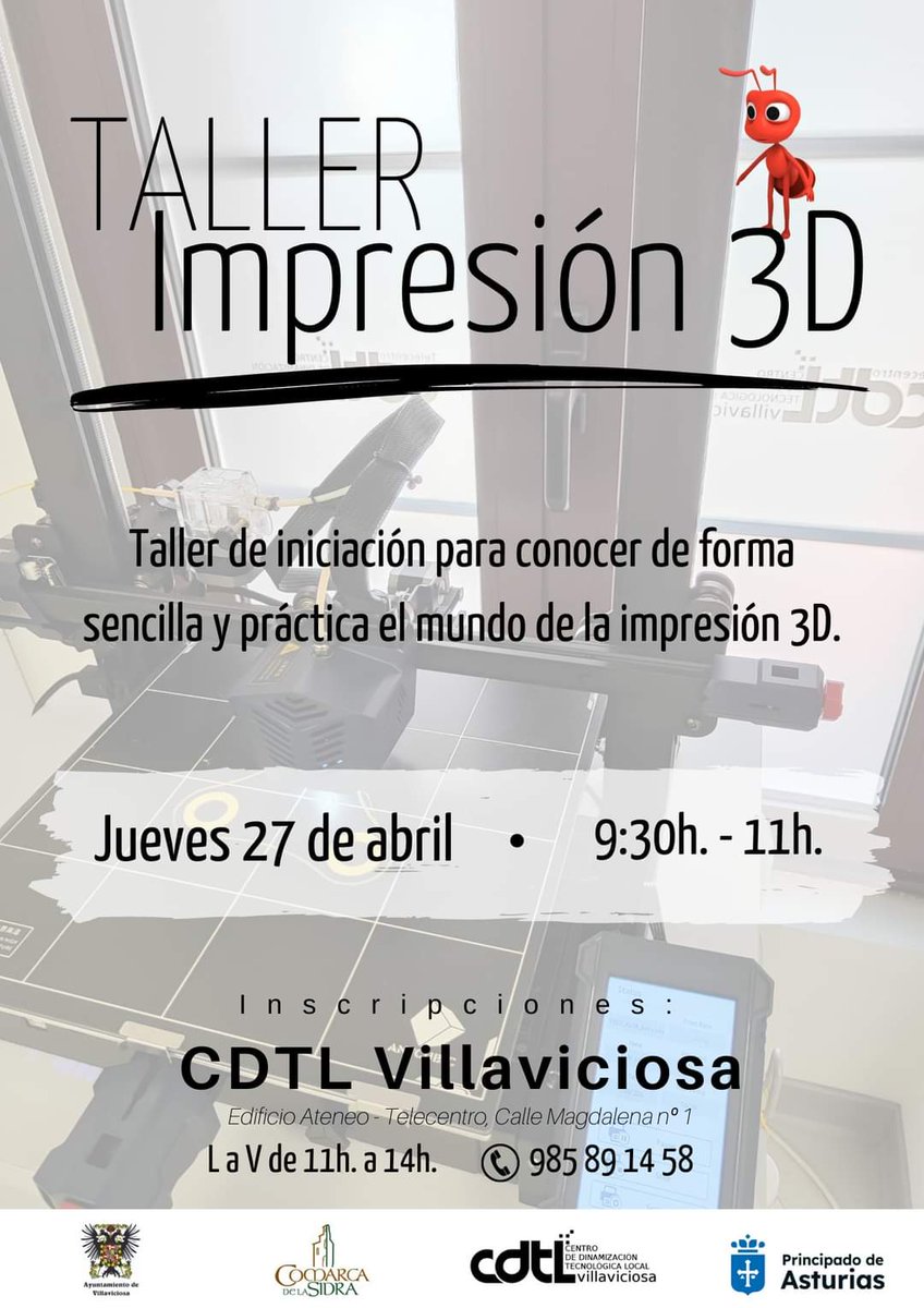 cdtlvilla's tweet photo. 🧐🔍¿Quieres saber cómo va esto de la impresión 3D? 🖨
🔊Jueves 27 abril  9:30 a 11h. - Taller Impresión 3D. Iniciación al uso de la impresión 3D.
📝Inscripciones de forma presencial en el propio Telecentro de L a V de 11h. a 14h.
ℹ️ ☎️985 89 14 58
#CDTL #Telecentro #Villaviciosa https://t.co/QRh66XvdXJ