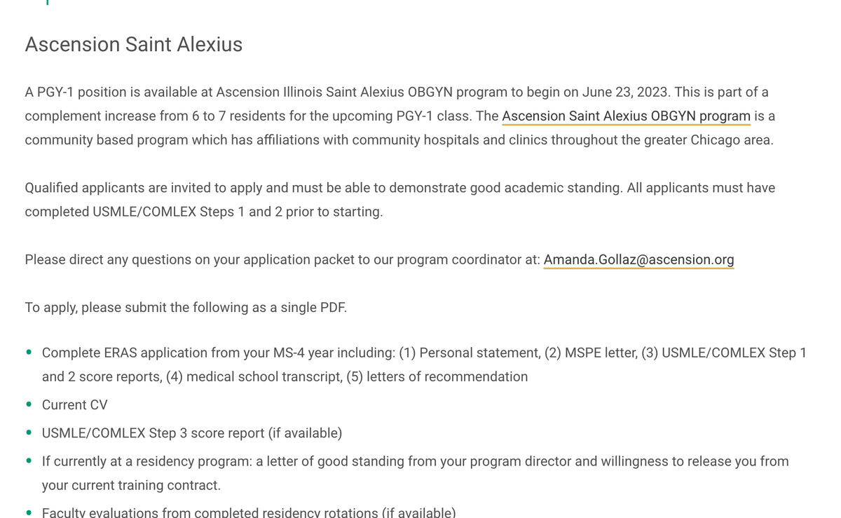 Inside_TheMatch's tweet photo. PGY-1 #ObGyn Residency Opening 
Ascension Saint Alexius, Illinois
#HURRY! Apply by April 24, 2023
Start Date:  June 23, 2023
 part of a complement increase from 6 to 7 residents for the upcoming PGY-1 class
@ACOG https://t.co/6TaFAEn8Oq
H/T Thanks to @SayJayGay #InsideTheMatch https://t.co/OZ994LpyNd