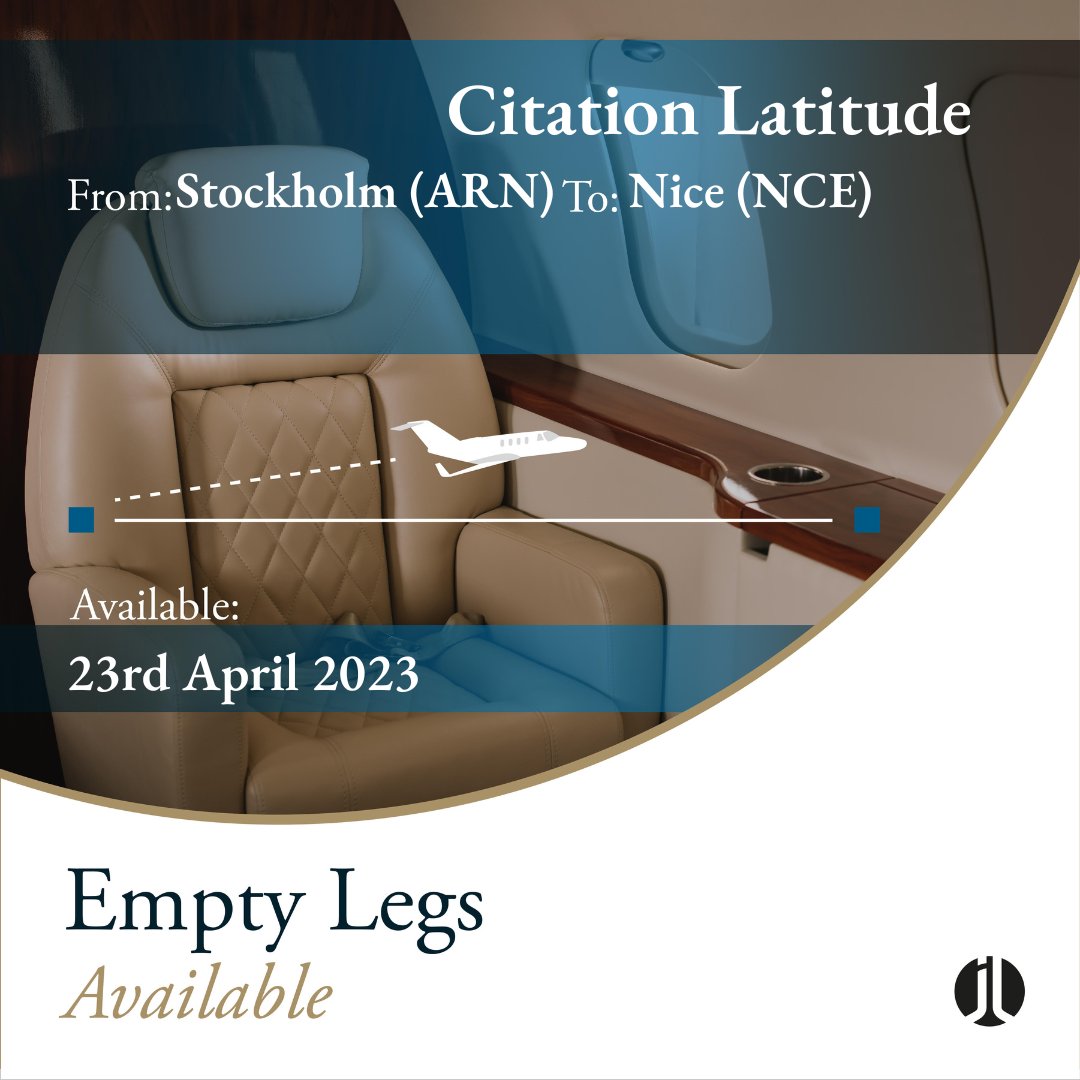 jetlogic's tweet photo. EMPTY LEG ALERT.

Contact @jetlogic to discuss your #charter requirements. #Stockholm >>> #Nice. 23rd April 2023. 8pax. 

> +44 131 478 0802
> jlcharter@jetlogic.com

#JetLogic #EmptyLeg #JetCharter https://t.co/k2TghgdWM0
