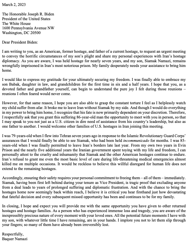 JaredGenser's tweet photo. [1 of 3] Its been 50 days since former #Amcit #hostage #BaquerNamazi wrote to @potus @joebiden asking he sit down with #Iran hostage families (and 27 months since inauguration) but he has received no reply. See our press release: https://t.co/Guc8Y4RkXy @freethenamazis @sianamazi https://t.co/SqBqDAZWkS