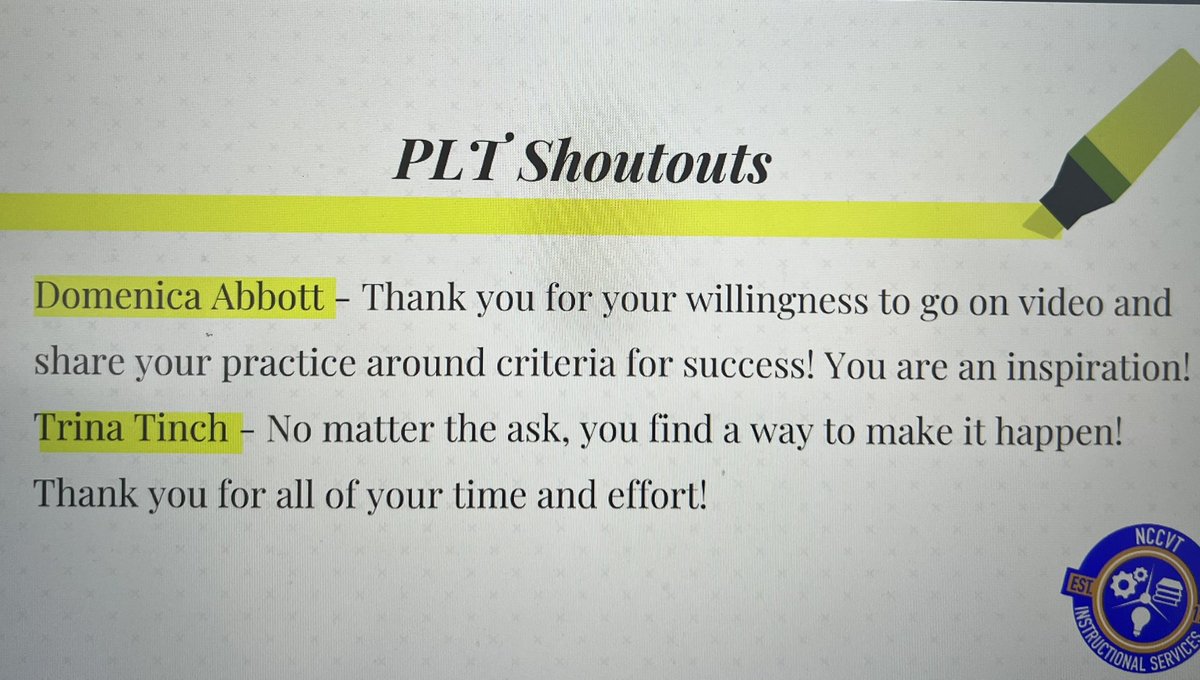 Throughout the rest of the school year, the NCCVT Instructional Services Team would like to recognize the efforts of our Professional Learning Team members. They are proof that #NCCVTWorks! <a href="/shanta_reynolds/">Shanta Reynolds</a> <a href="/Supt_Jones/">Joseph Jones</a> @NCCVoTech <a href="/HVT_SilverEagle/">HodgsonSilverEagle</a>