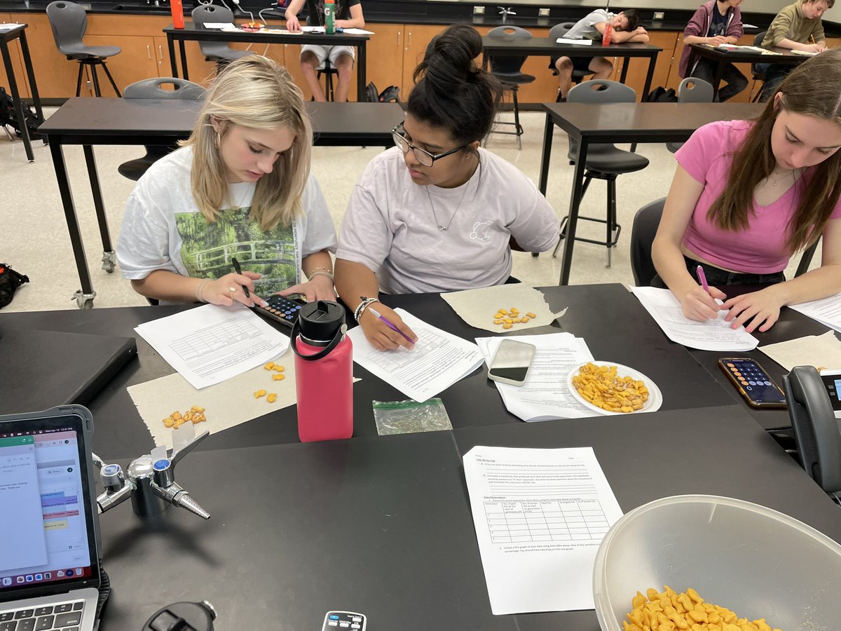 MrNicholsBio's tweet photo. Last week we modeled natural selection and genetic drift through the use of cheddar &amp; pretzel goldfish. These “hungry sharks” REALLY loved eating cheddar goldfish and avoided the pretzel ones at all cost, which means that over a few generations we saw a major shift in population! https://t.co/QYNzQ9CIef