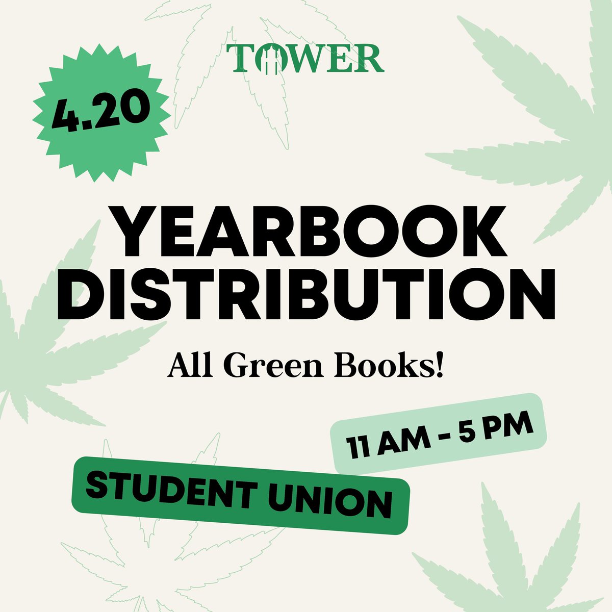 Happy 4/20 Bearcats! 
Let's be blunt; only 30% of you have picked up your yearbook! 
For today's distribution we are giving out all GREEN books! Come by the Student Union to get your yearbook, and a copy of <a href="/themissourian/">Northwest Missourian</a>, TODAY! 
#thisisnorthwest #oabaab