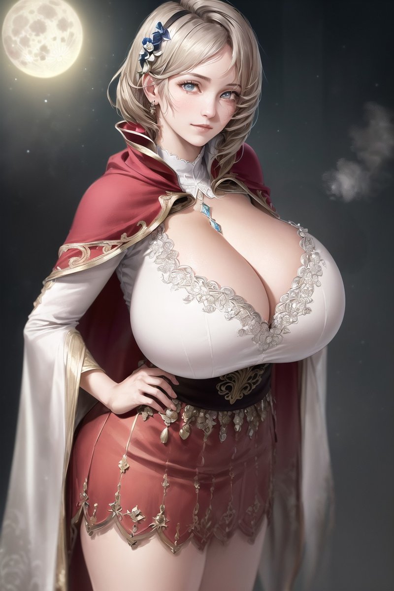 "Moonlit Allure: A Captivating Blonde with Blue Eyes, Red Cape and Short Hair Under the Radiant Night Sky"