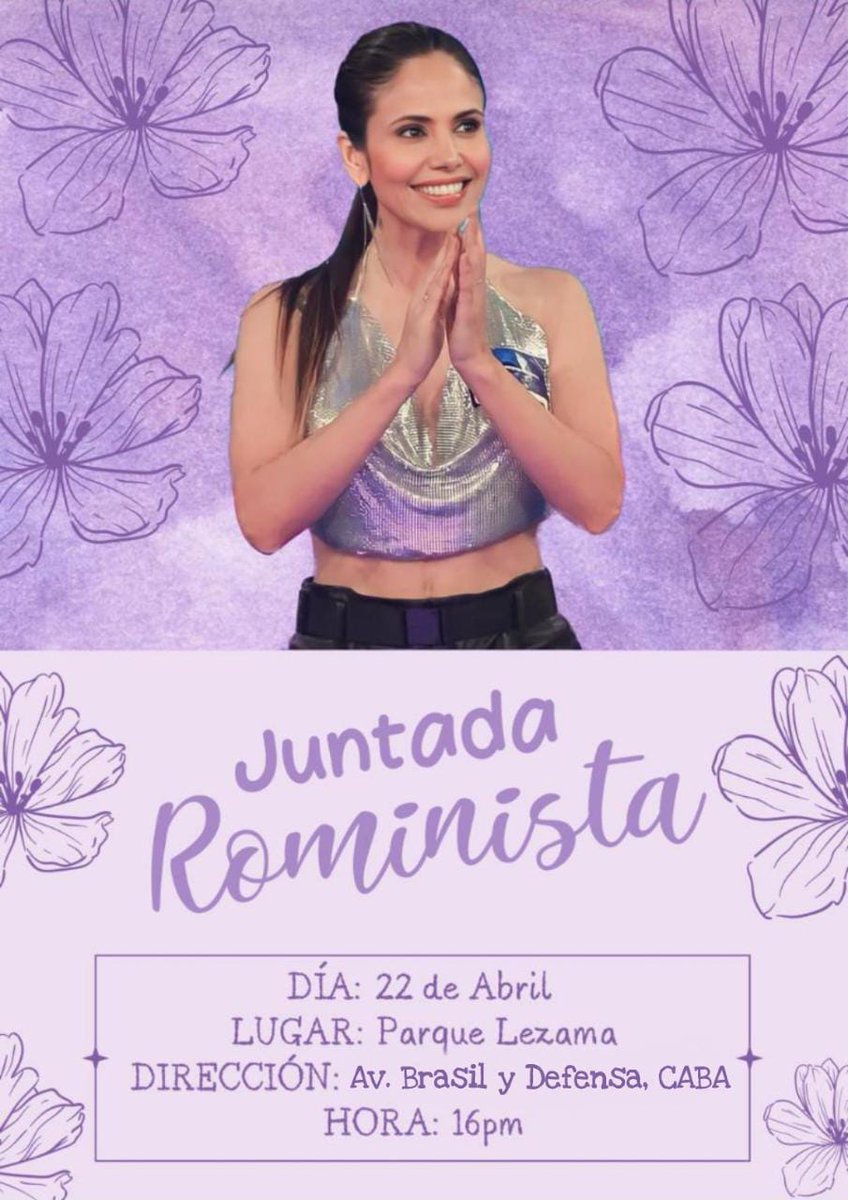 ✨️ JUNTADA ROMINISTA ✨️

Los esperamos a todos para compartir una gran tarde junto a <a href="/RomiUhrig/">Romina Uhrig</a> 💜

🗓 SÁBADO 22 DE ABRIL
🕓 16 HS
📍 PARQUE LEZAMA, CABA.

Colaboren con la difusión, así nadie se pierde este encuentro 📢.